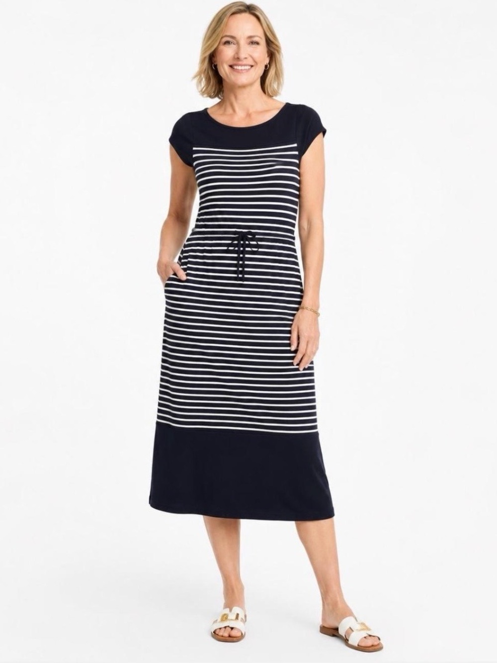 Talbots navy white stripe midi knit dress